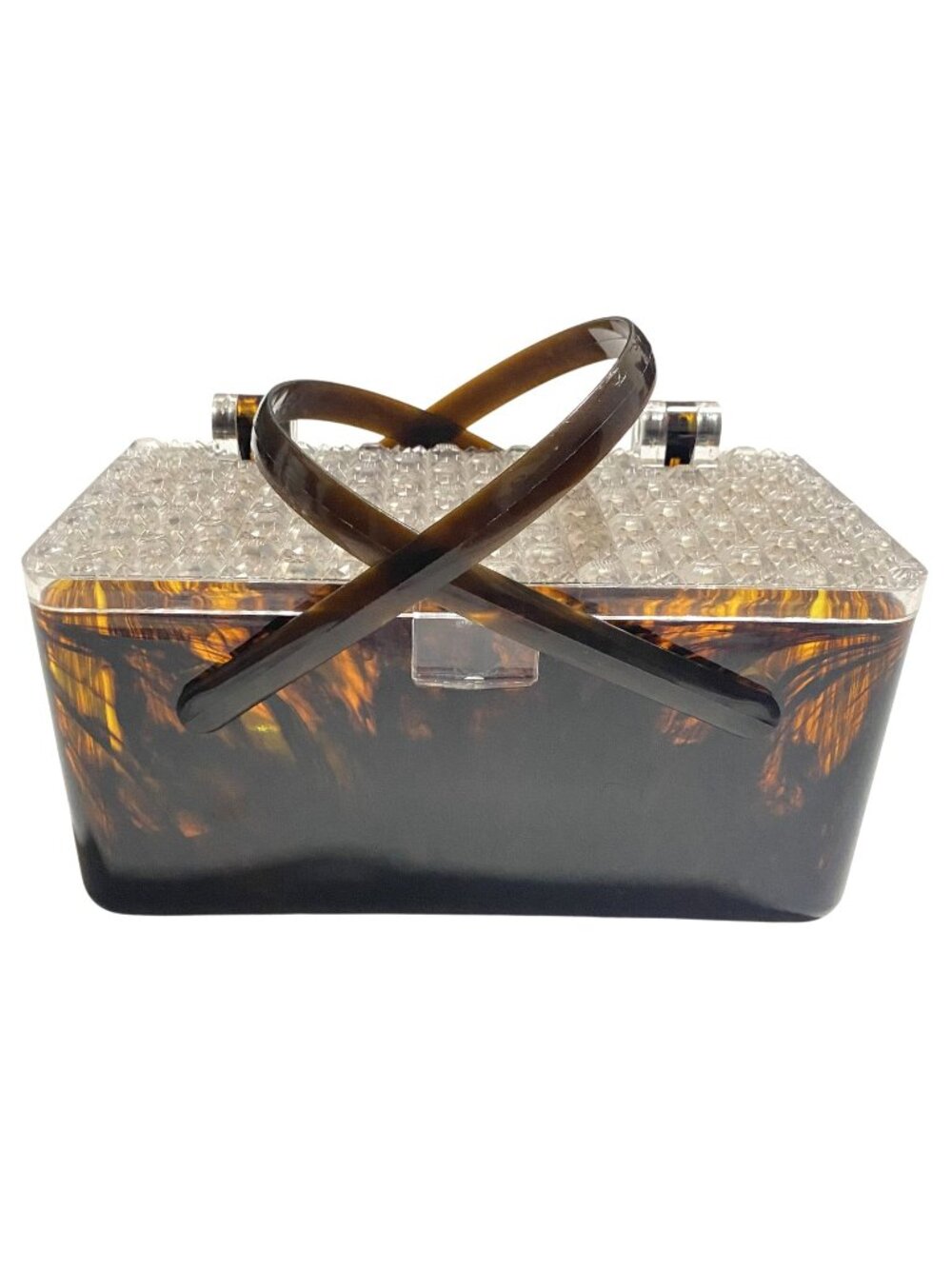 Vintage Tortoise Shell Lucite Box Purse Clear Textured Lid Double Handles